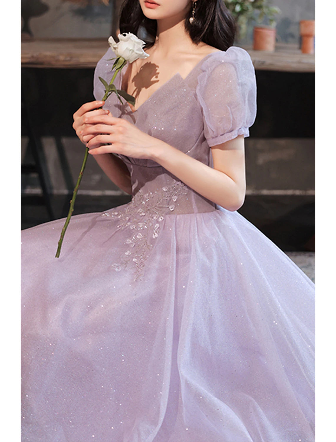 Vestido de fiesta de graduación de corte A, brillante y con brillo, para el día de San Valentín, largo hasta el suelo, manga corta, cuello en V, tul con lentejuelas