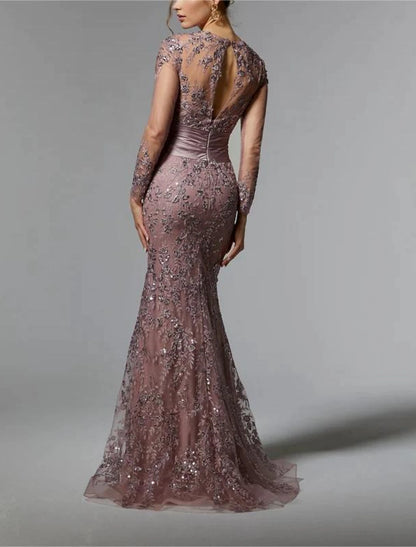 Vestido de sirena/trompeta para madre de la novia, elegante para invitadas de boda, escote joya, cola larga de barrido/cepillo, satén elástico, manga larga con fruncido de encaje y lentejuelas
