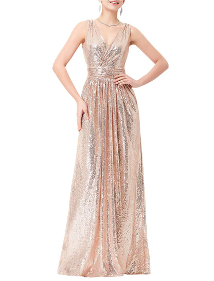 Vestidos de fiesta de tubo/columna Vestido brillante y resplandeciente Vestido formal para invitados de boda Largo hasta el suelo Sin mangas Cuello en V Con lentejuelas y pliegues Lentejuelas