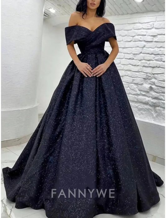 FannyWe Simple A-Line Prom Dresses Elegant Dress Black Tie Gala Sweep / Brush Train Short Sleeve Off Shoulder Sequined with Glitter Pleats