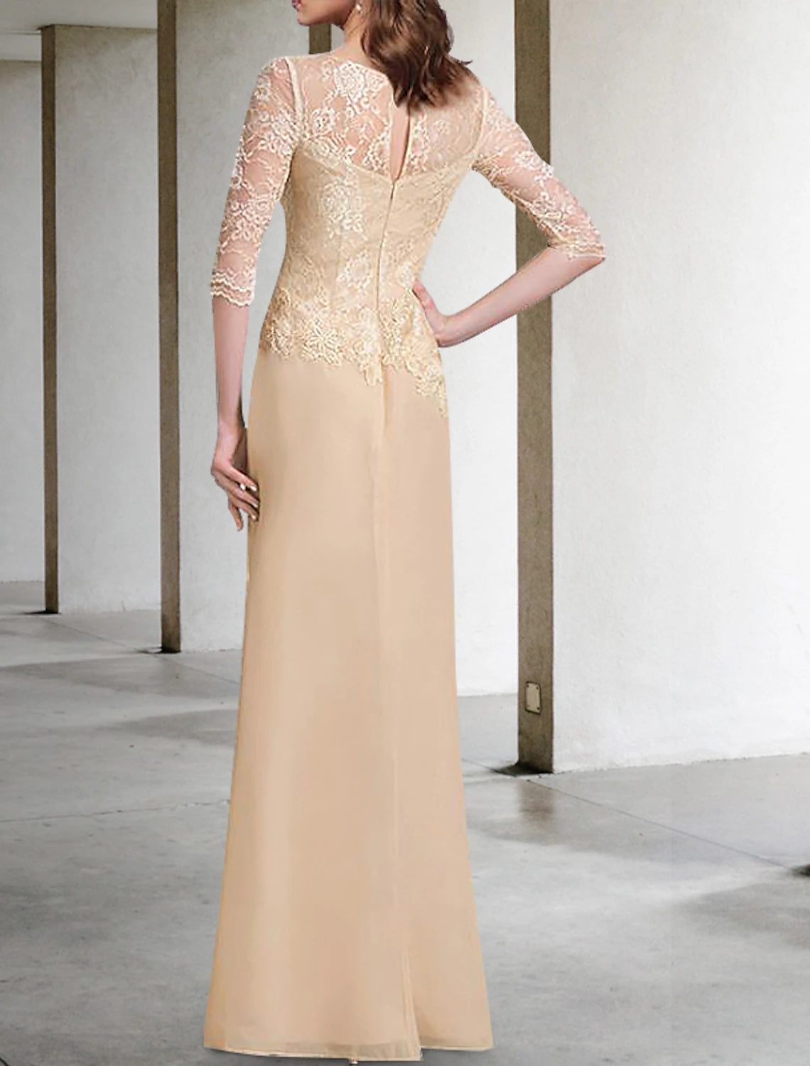 Vestido de Madre de la Novia con Corte en Columna, Elegante, para Invitadas de Boda, Escote Joya, Largo hasta el Suelo, Gasa, Media Manga con Encaje, Color Sólido