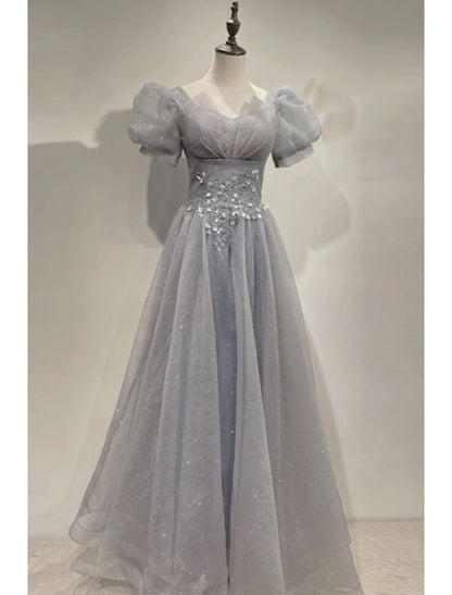 A-Linien-Ballkleid, Partykleid, Sparkle &amp; Shine, Kleid für den Abschlussball, Valentinstag, bodenlang, kurze Ärmel, V-Ausschnitt, Tüll mit Pailletten
