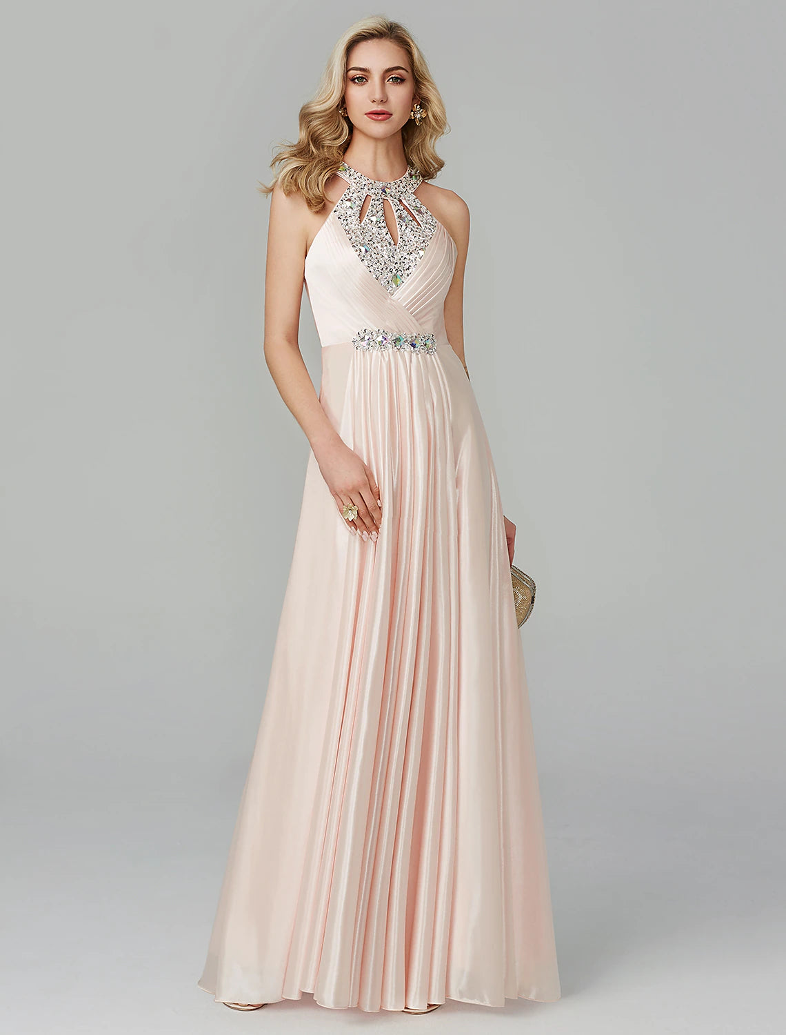 Vestido negro de corte A para fiesta, para invitada de boda, largo hasta el suelo, sin mangas, cuello halter, de seda, sin espalda, con cristales y lentejuelas