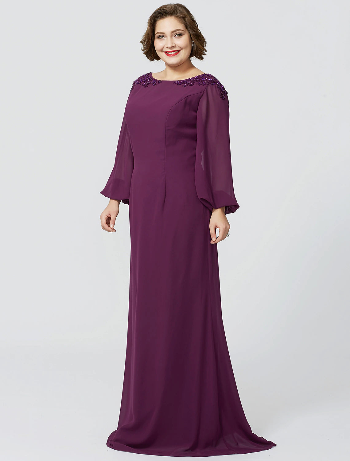 Sheath / Column Mother of the Bride Dress Formal Classic & Timeless Elegant & Luxurious Plus Size Bateau Neck Floor Length Chiffon Long Sleeve No with Beading Appliques