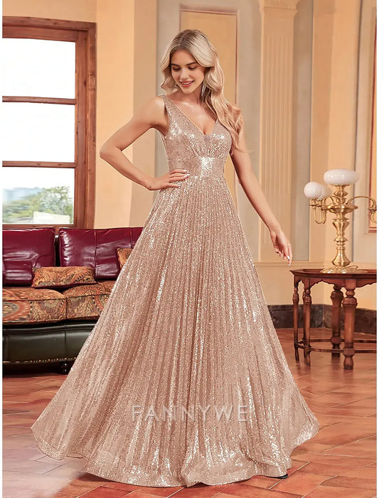 FannyWe Simple A-Line Prom Dresses Party Dress Evening Party Cocktail Party Floor Length Sleeveless Plunge Neck Polyester with Glitter Knief Pleats