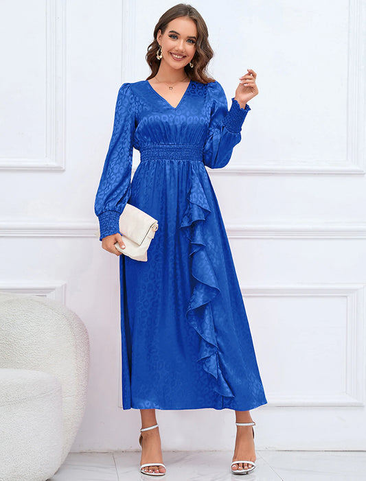Vestidos de fiesta de corte A, elegantes, formales, de otoño, largos hasta los tobillos, mangas largas, cuello en V, de satén con volantes estampados