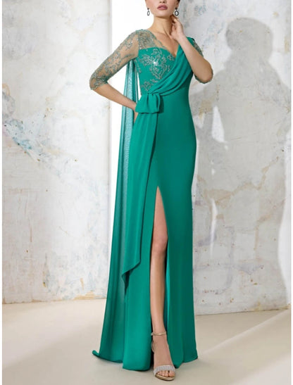 Vestido de Madre de la Novia con Corte en V, Columna, Elegante, para Invitadas de Boda, Largo hasta el Suelo, Gasa Elástica, Media Manga con Encaje, Lentejuelas, Abertura Delantera