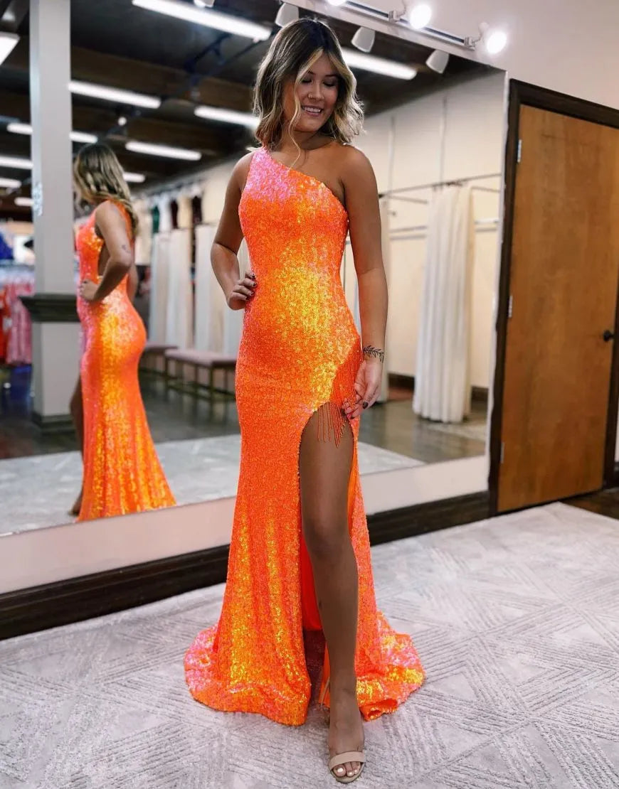 Vestido de fiesta largo con lentejuelas brillantes y un solo hombro con purpurina