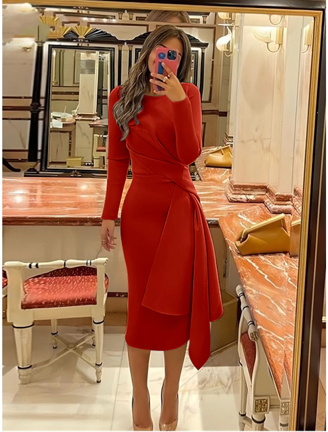 Sheath Formal Dress Cocktail Dresses Elegant Christmas Formal Fall Knee Length Long Sleeve Jewel Neck Stretch Fabric with Pleats Ruched
