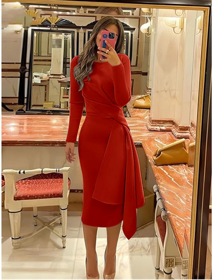 Sheath Formal Dress Cocktail Dresses Elegant Christmas Formal Fall Knee Length Long Sleeve Jewel Neck Stretch Fabric with Pleats Ruched