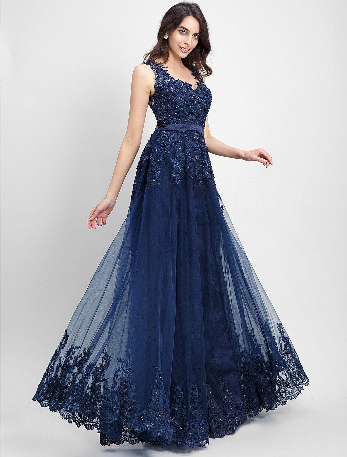 A-Line Dress Prom Formal Evening Floor Length Sleeveless V Neck Tulle with Appliques