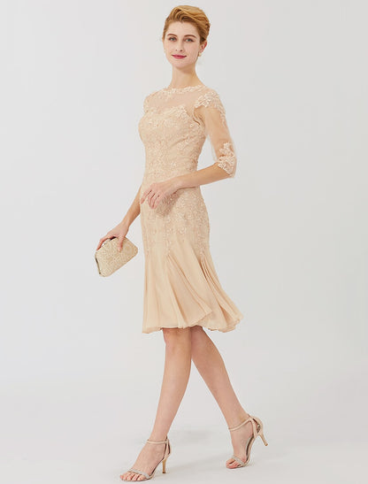 Sheath / Column Mother of the Bride Dress Classic & Timeless Elegant & Luxurious Beautiful Back Illusion Neck Knee Length Chiffon All Over Lace Half Sleeve with Appliques