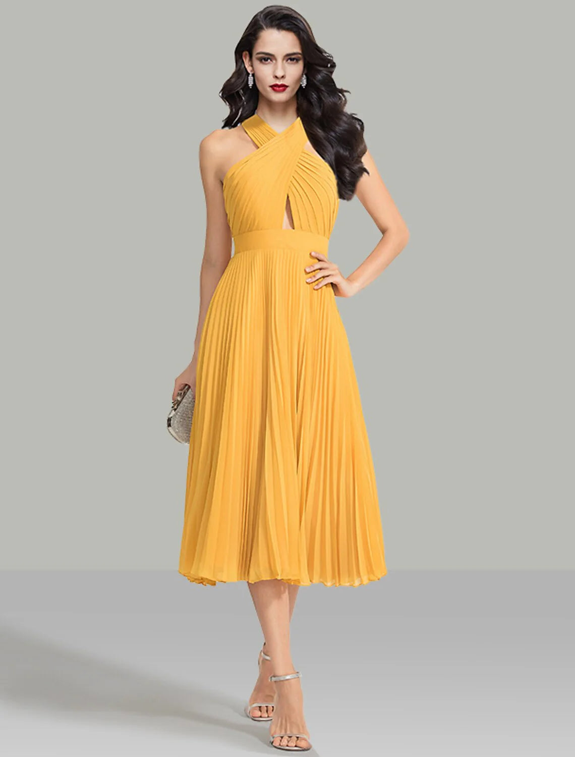 Vestidos de invitada de boda de corte A, elegante vestido de cóctel, fiesta de bodas, largo hasta la rodilla, sin mangas, cuello halter, gasa con fruncido