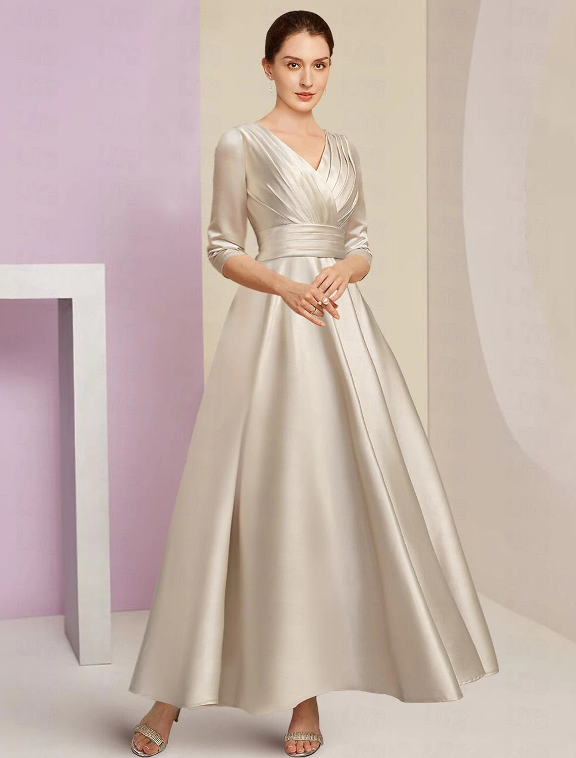A-Line Mother of the Bride Dress Formal Wedding Guest Elegant V Neck Ankle Length Sequined Italy Satin 3/4 Length Sleeve with Pleats Ruched