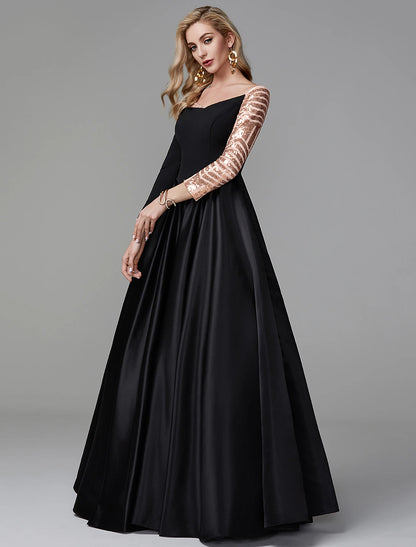 Ball Gown Black Dress Vintage Quinceanera Formal Evening Floor Length Long Sleeve Off Shoulder Satin with Sequin