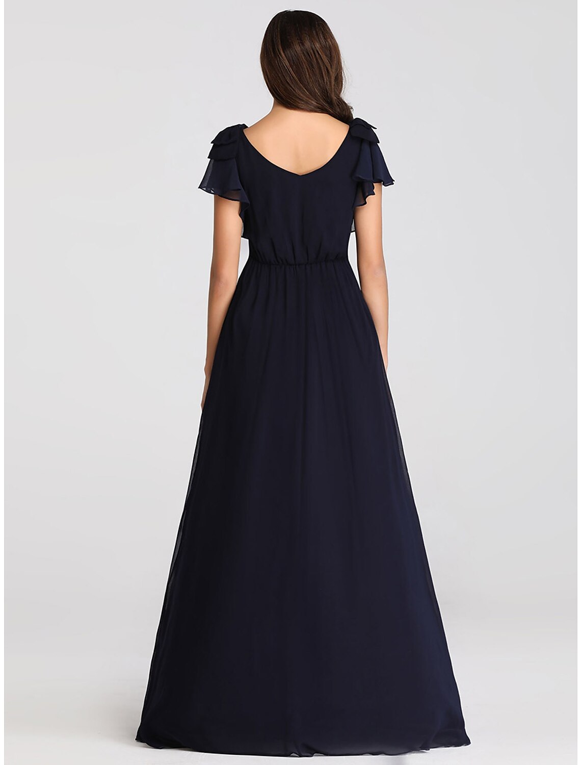 Vestido de madre de la novia de corte A, talla grande, escote en V, largo hasta el suelo, de gasa, manga corta con volantes fruncidos