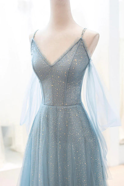 A-Linie Glitzerndes Tüll Spaghettiträger Abendkleid Langes Ballkleid