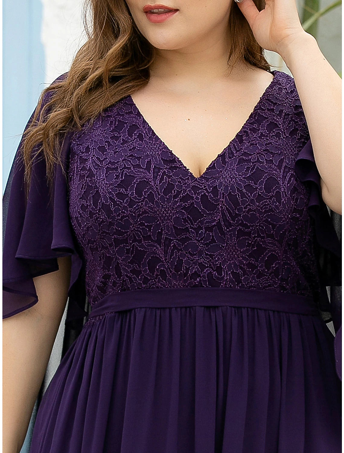 Vestido de madre de la novia de corte A, talla grande, elegante, escote en V, largo hasta el suelo, de gasa, tul, media manga con faja/cinta