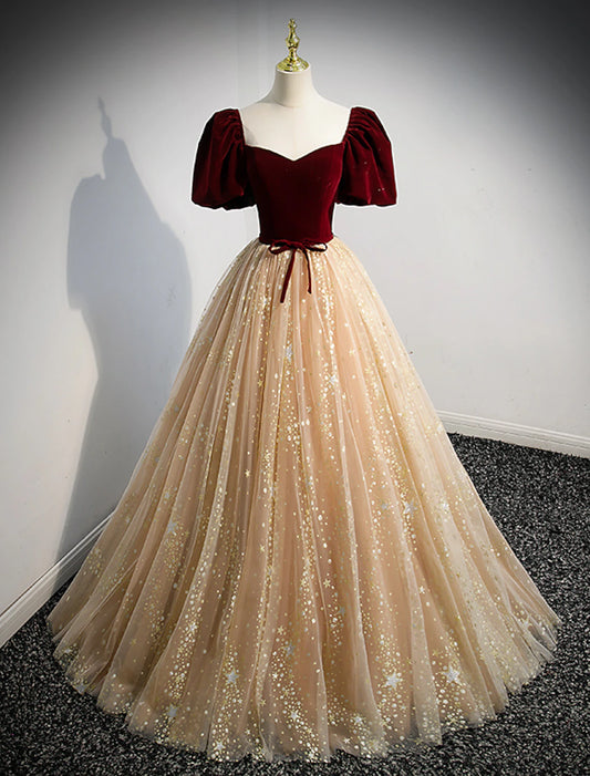 A-Linie Ballkleider Prinzessin Kleid Verlobungsball Bodenlang Kurzarm Herzausschnitt Tüll mit Schleife(n) Pailletten