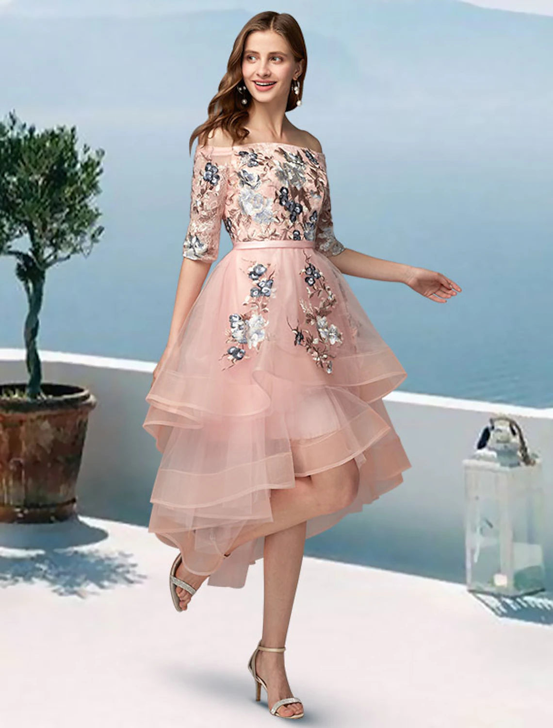 A-Line Prom Dresses Floral Dress Evening Party Wedding Party Asymmetrical Half Sleeve Off Shoulder Satin with Embroidery Applique