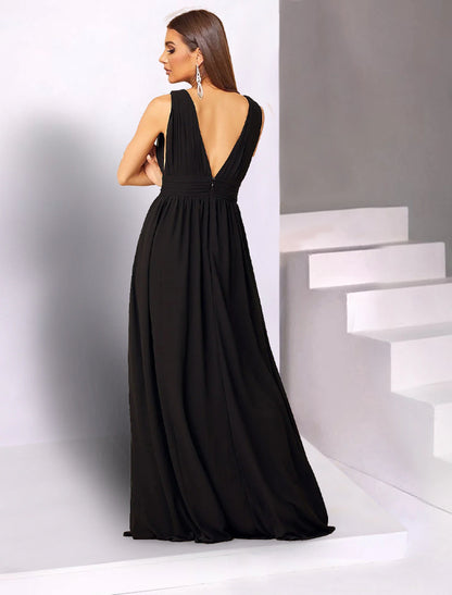 A-Linie Hochzeitsgastkleider Elegantes Kleid Hochzeitsfeier Halbformell Bodenlang Ärmellos V-Ausschnitt Chiffon mit Schlitz