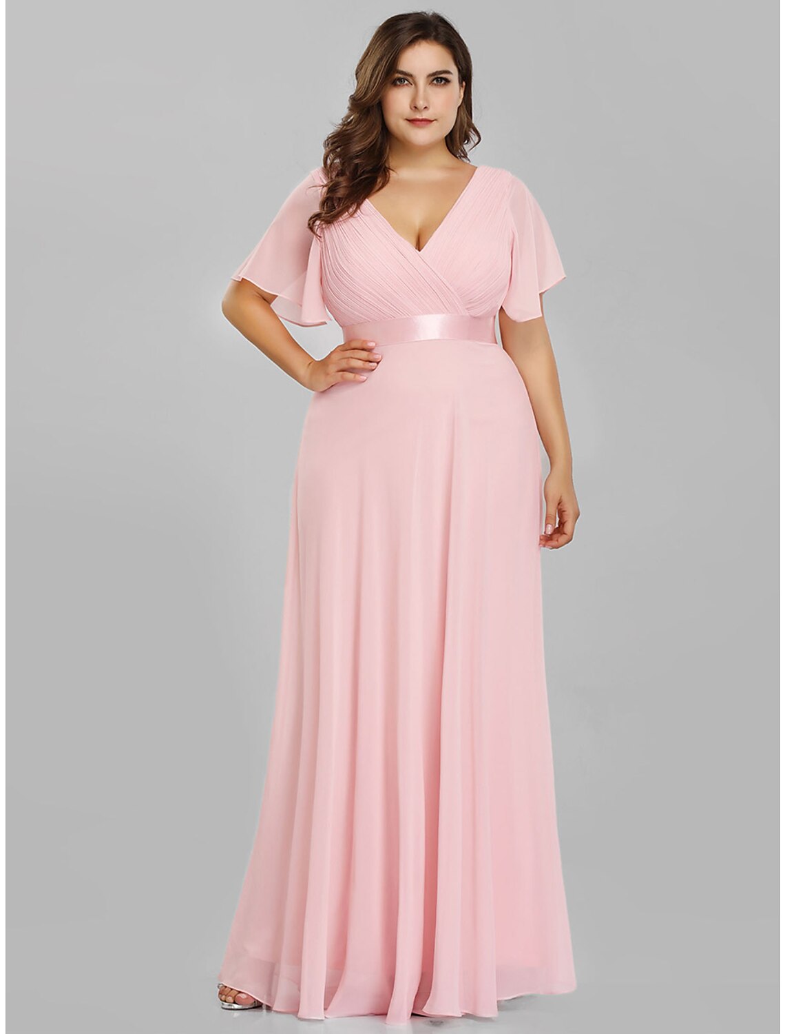 Vestido de madre de la novia de corte A, talla grande, elegante, escote en V, largo hasta el suelo, de gasa, manga corta con faja/cinta fruncida