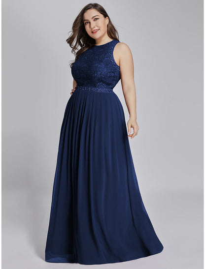 A-Linie Ballkleider Maxikleid Hochzeitsgast Ball Bodenlang Ärmellos Rundhals Brautjungfernkleid Chiffon mit Falten Spitzeneinsatz