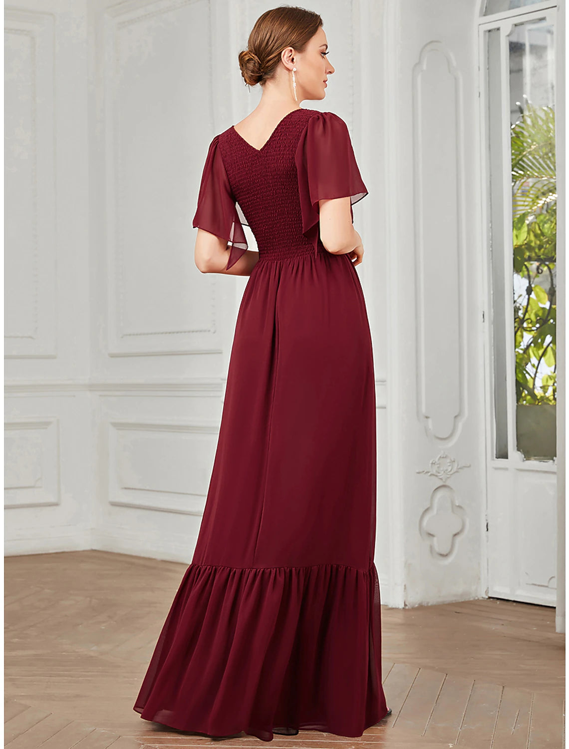 A-Line Prom Dresses Elegant Dress Wedding Guest Party Wear Floor Length Short Sleeve V Neck Chiffon with Pleats