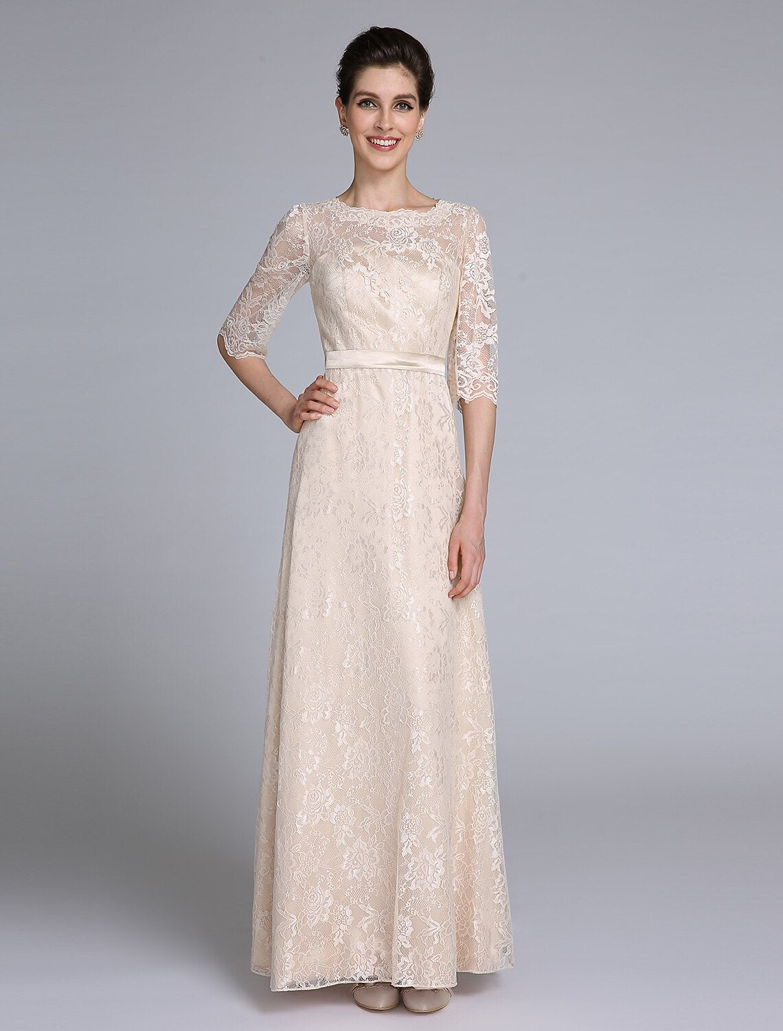Sheath / Column Mother of the Bride Dress Jewel Neck Floor Length Lace Half Sleeve No with Sash / Ribbon