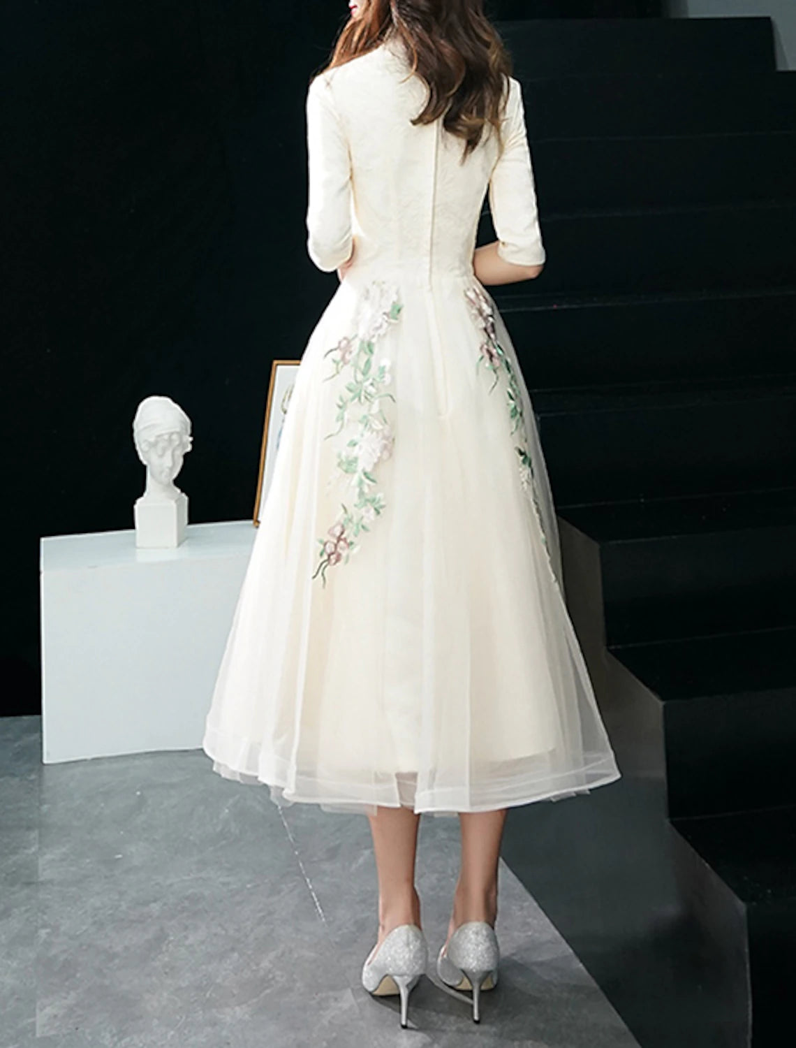 A-Line Cocktail Dresses Elegant Dress Wedding Guest Party Wear Tea Length Half Sleeve Stand Collar Tulle with Appliques