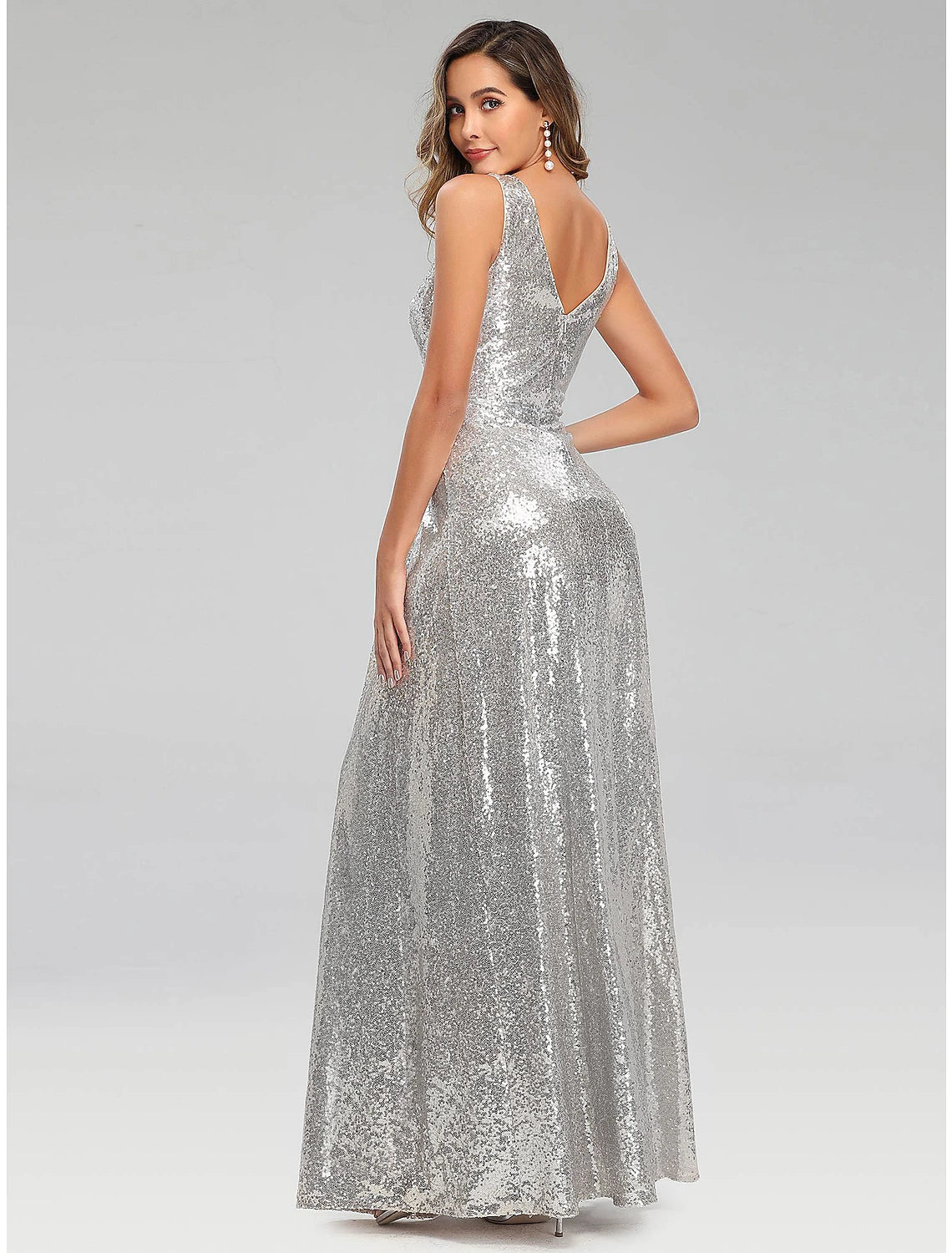 A-Line Prom Dresses Sparkle Dress Wedding Guest Floor Length Sleeveless V Neck Polyester V Back with Sequin