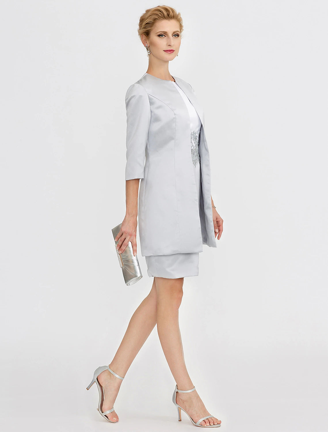 Sheath / Column Mother of the Bride Dress Formal Two Piece Jewel Neck Short / Mini Satin Short Sleeve yes with Lace Pleats