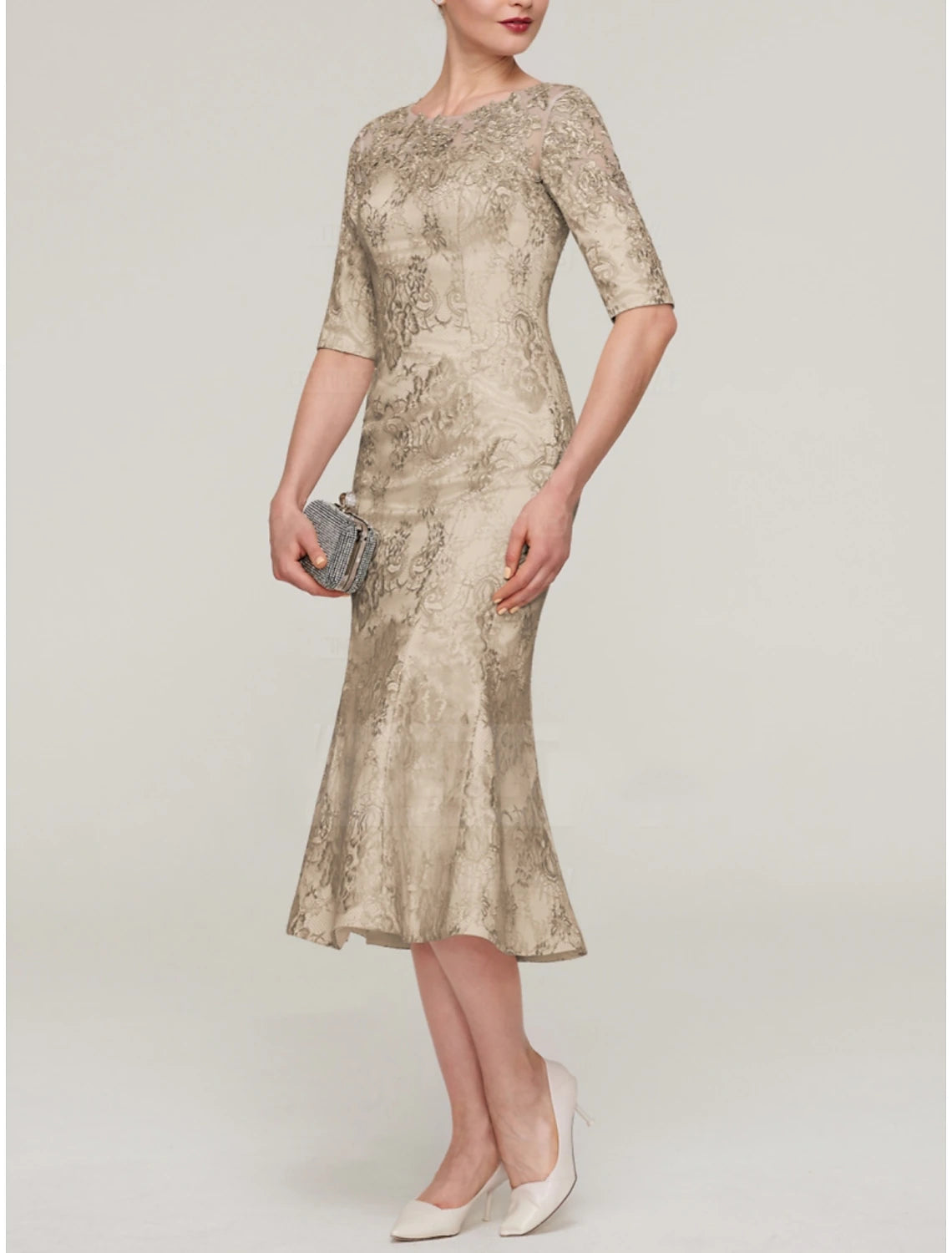 Vestido de sirena/trompeta para madre de la novia, elegante, estilo invitada de boda, escote joya, largo hasta la rodilla, satén elástico, imitación seda, media manga con pliegues de encaje.