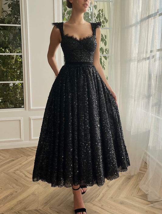 Schwarzes A-Linien-Ballkleid, Vintage-Kleid, Maskerade, Partykleidung, knöchellang, ärmellos, trägerlos, Mittwoch, Addams Family, Spitze mit Glitzerpailletten