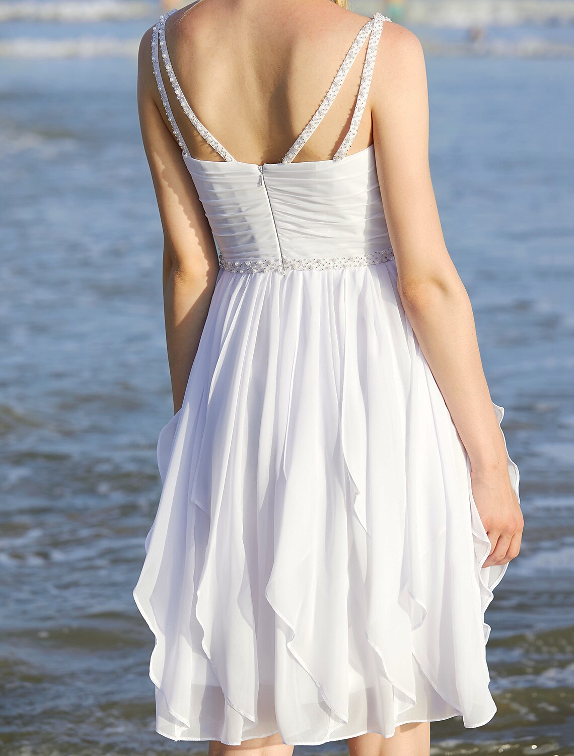 Wedding Dresses A-Line Sweetheart Regular Straps Knee Length Chiffon Bridal Gowns With Sash / Ribbon Ruched