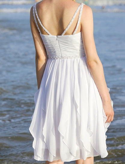 Wedding Dresses A-Line Sweetheart Regular Straps Knee Length Chiffon Bridal Gowns With Sash / Ribbon Ruched