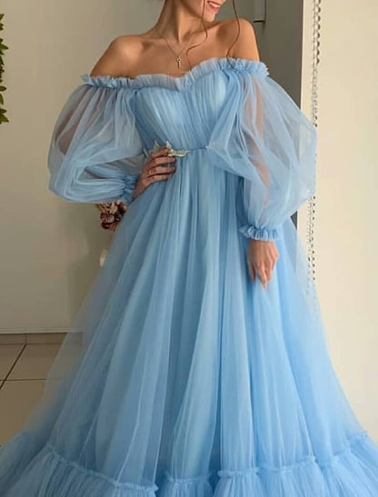 A-Line Minimalist Elegant Engagement Prom Dress Off Shoulder Long Sleeve Floor Length Tulle with Pleats Appliques