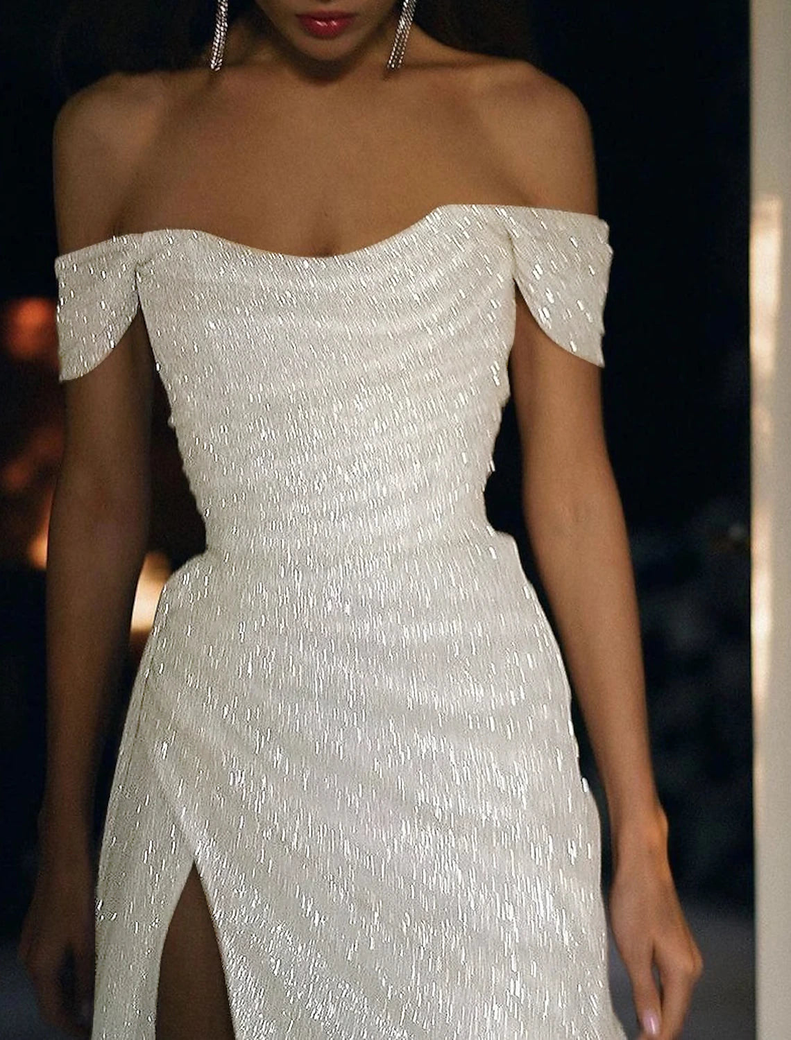 Vestidos de noche de sirena, vestido de novia brillante para recepción, vestido de fiesta, cola larga/corta, manga corta, hombros descubiertos, lentejuelas con abertura