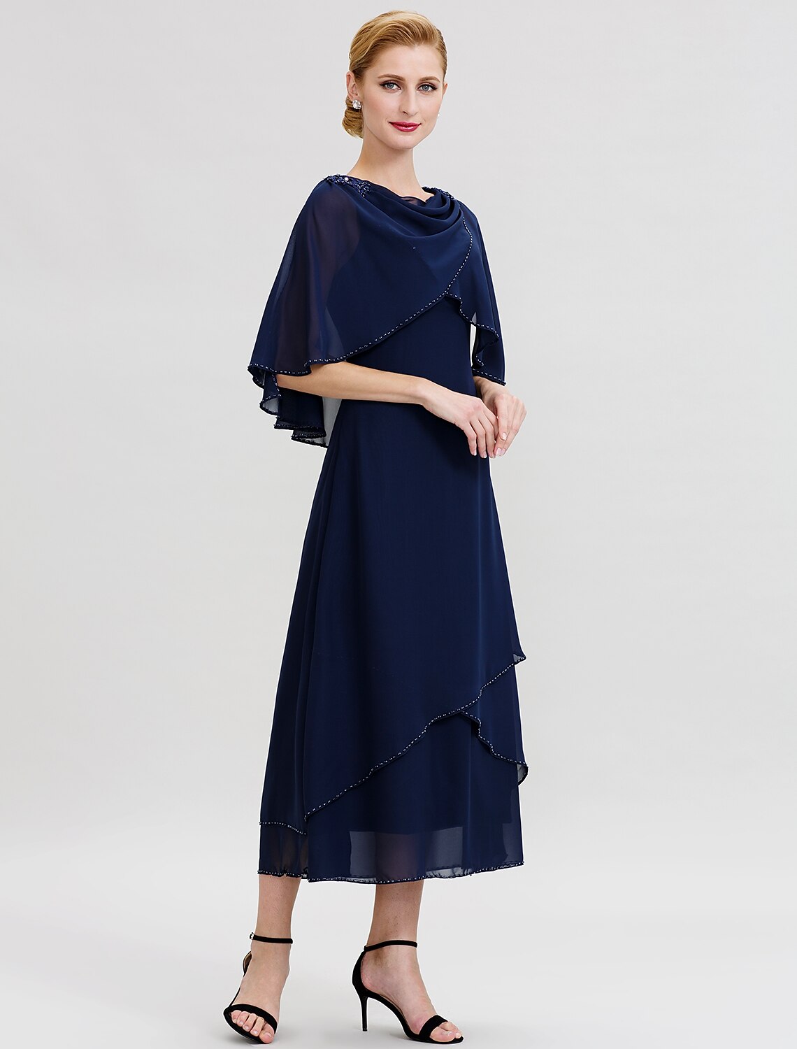 A-Line Mother of the Bride Dress Elegant Cowl Neck Floor Length Chiffon Half Sleeve with Beading