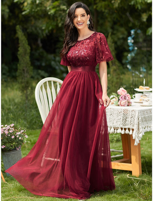 A-Linie Ballkleider Vintage Kleid Ball Bodenlang Kurzarm Rundhalsausschnitt Tüll mit Pailletten Rüschen Applikation