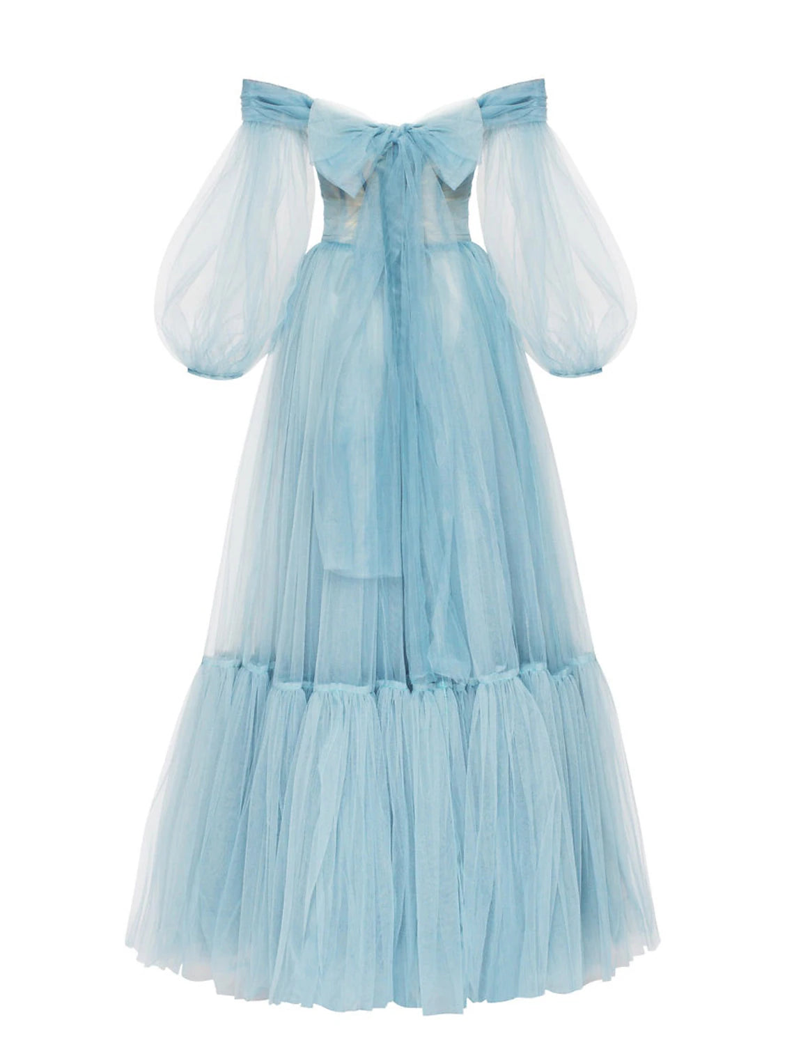 Vestido de fiesta elegante y sexy de corte A para invitada de boda, con hombros descubiertos, manga larga, largo hasta el suelo, de tul con lazo(s) y pliegues.