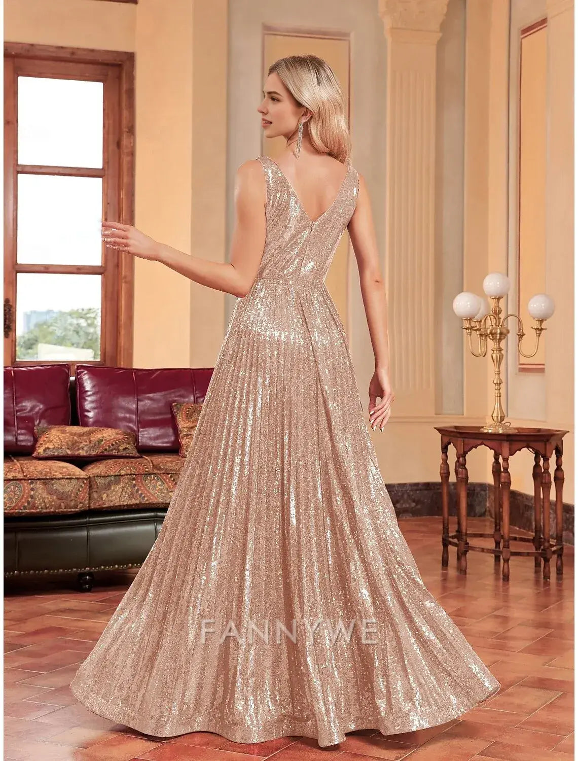 FannyWe Simple A-Line Prom Dresses Party Dress Evening Party Cocktail Party Floor Length Sleeveless Plunge Neck Polyester with Glitter Knief Pleats