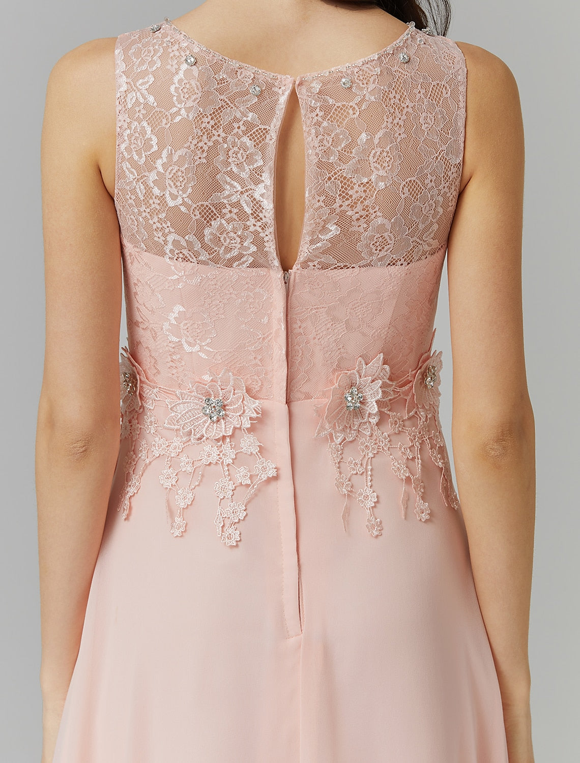 A-Linie Empire-Kleid, Hochzeitsgast, Abschlussball, bodenlang, ärmellos, Illusionsausschnitt, Brautjungfernkleid aus Chiffon mit Perlenapplikationen