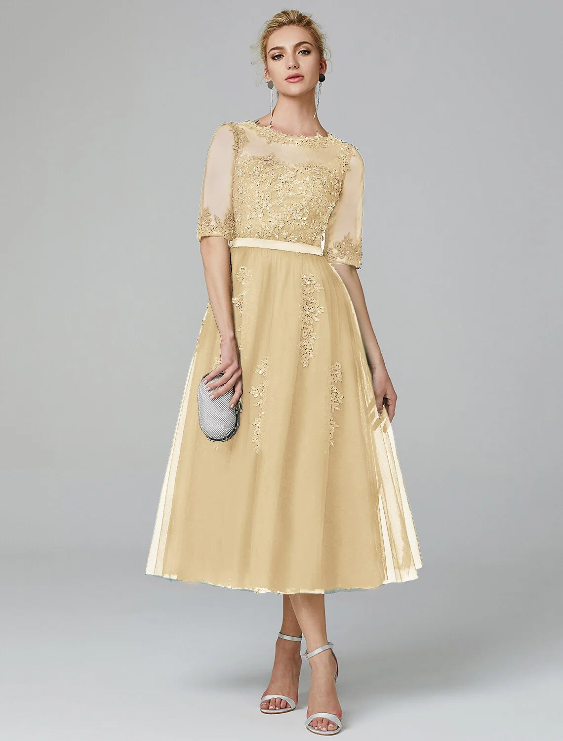 Vestido de cóctel de corte A para Navidad, formal, de noche, Kentucky Derby, largo hasta la rodilla, sin mangas, cuello ilusión, para invitadas de boda de otoño, con encaje sobre tul y apliques de lentejuelas.