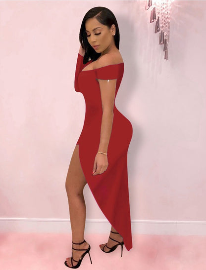Vestido sexy y caliente para fiesta, para club, con abertura alta, escote en V, hombros descubiertos, manga larga, ajustado, asimétrico, de licra, con diseño elegante