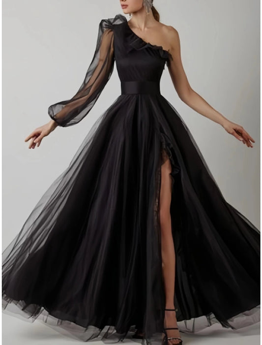 Vestido de fiesta tubo, vestido de graduación, vestido elegante, vestido de graduación, cumpleaños, largo hasta el suelo, manga larga, un hombro, tul con pliegues, volantes, abertura