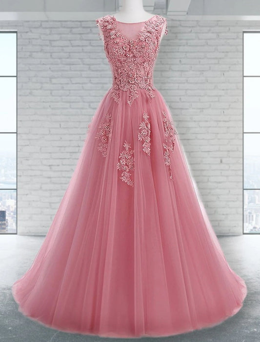 A-Linie Ballkleider Elegantes Kleid für Hochzeitsgäste Sweep/Pinsel Schleppe Ärmellos Rundhalsausschnitt Tüll mit Applikationen