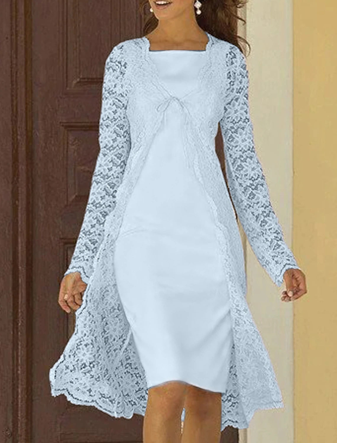 Vestido de dos piezas tipo tubo/columna para madre de la novia, para invitada de boda, iglesia, elegante, cuello cuadrado, largo hasta la rodilla, de gasa, con encaje, sin mangas, chaqueta, vestidos con color sólido
