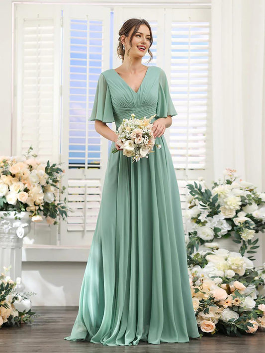 A-Linie V-Ausschnitt Ärmel Brautjungfernkleid für Hochzeitsgäste Lange Chiffon Partykleider mit Schlitz