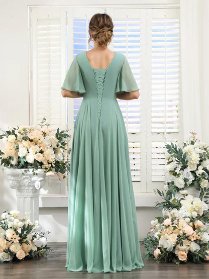 A-Linie V-Ausschnitt Ärmel Brautjungfernkleid für Hochzeitsgäste Lange Chiffon Partykleider mit Schlitz